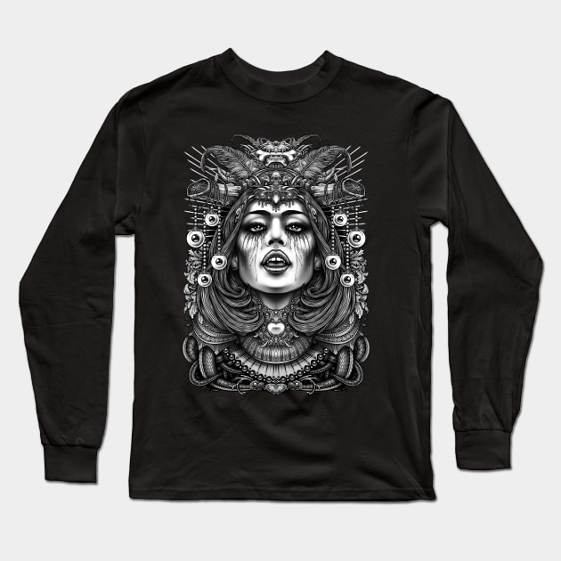 Occult Queen  Black and White Long Sleeve T-Shirt by Winya